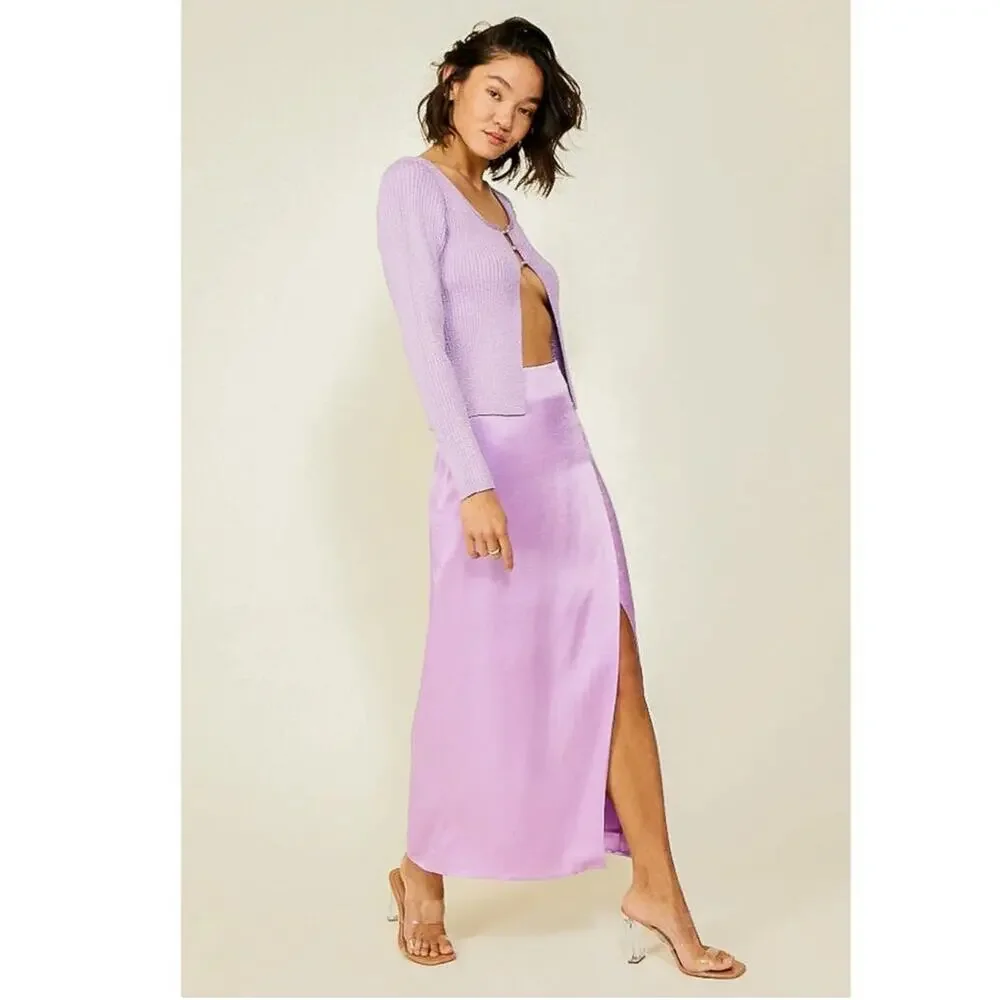 LINE & DOT Adelyn Skirt SZ Small NWT Lilac Purple Satin High Slit Midi Zipper